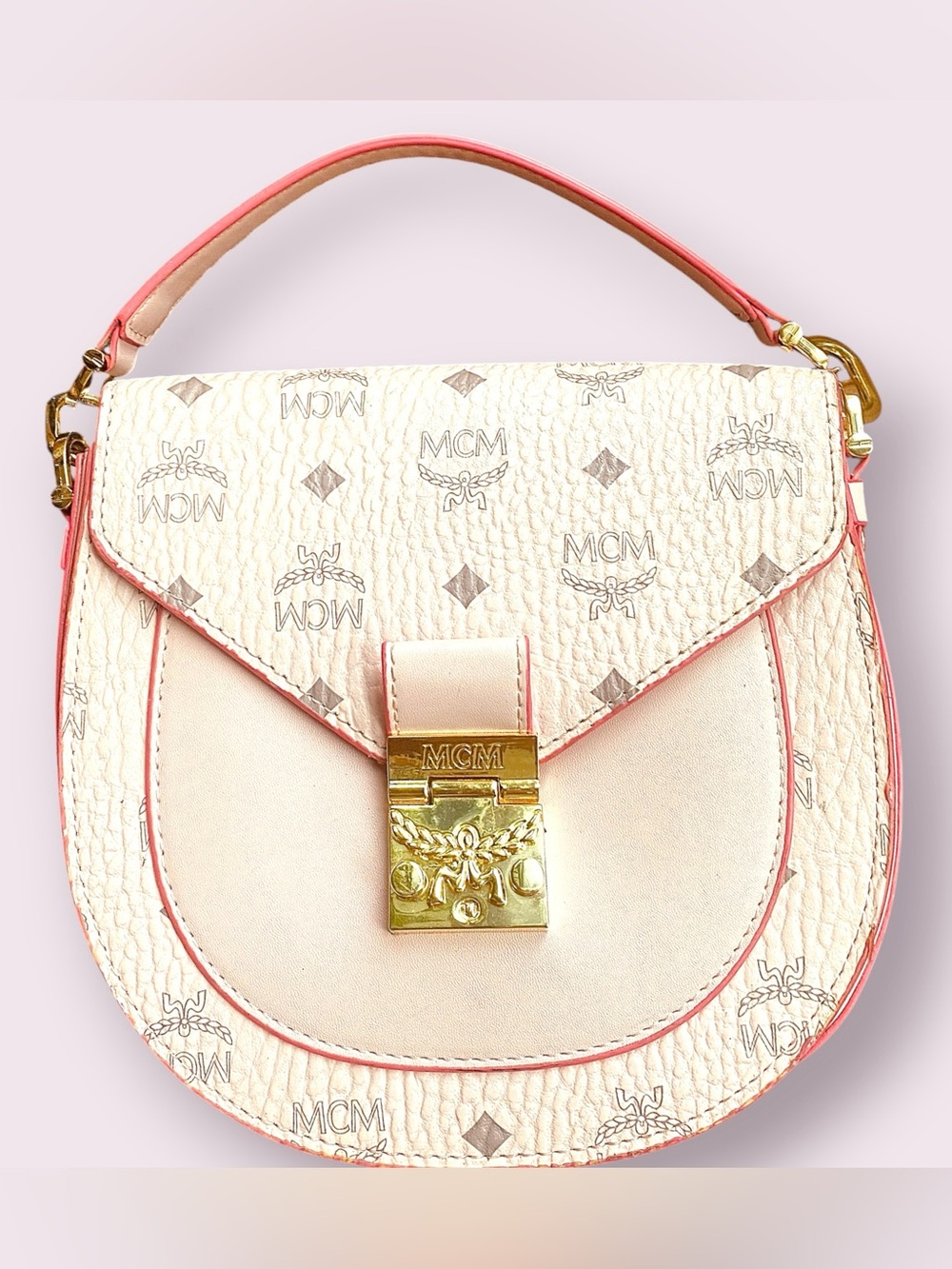 MCM Women Patricia Mini crossbody in pink visetos
& Gold Hardware
